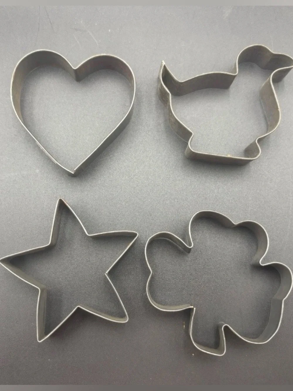 Set of 4 Vintage Metal Cookie Cutters - Heart, Star, Clover, Duck